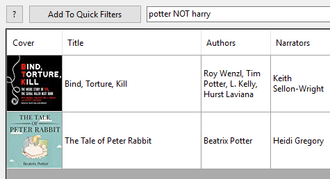 Search example: "potter NOT harry"